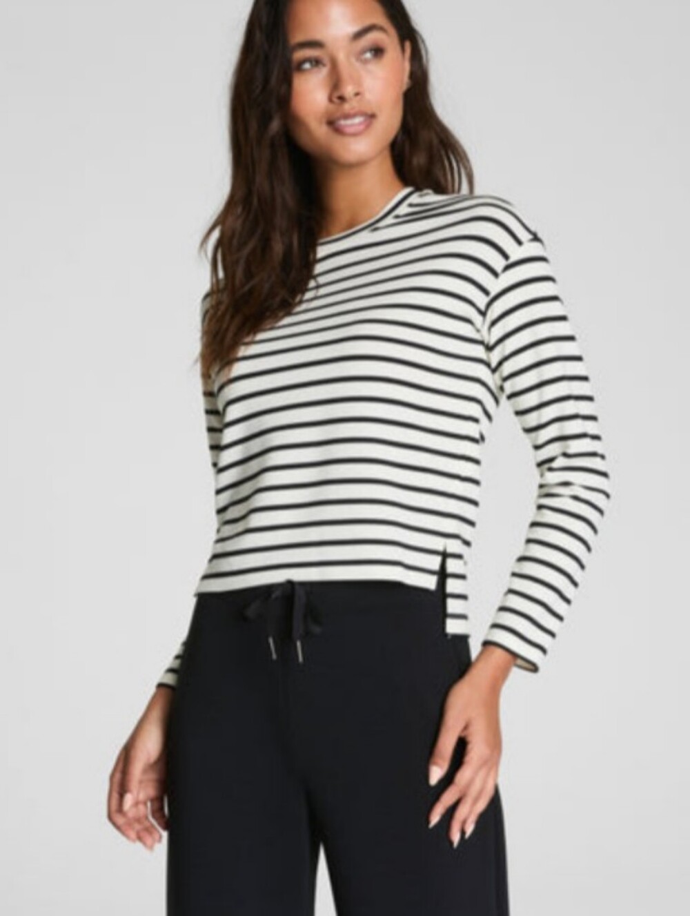 SPANX Black & White Horizontal Stripe Long Sleeve Crew Top